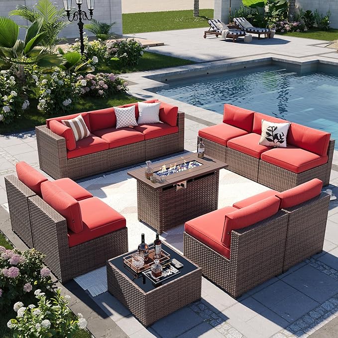 Aoxun Patio Furniture Sets, 12-Piece Outdoor Patio Furniture with 44'' Propane Gas Firepit Table, Wicker Outdoor Conversation Set Sectional Sofa for Backyard, Poolside, Garden