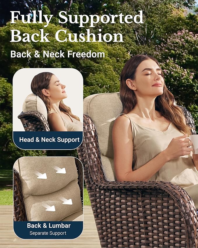 HILLGA Luxury High Back Patio Furniture Set with 6-Inch Thick Cushion, 5-Piece Outdoor Conversation Set with Loveseat, Swivel Rocker Chairs & Ottomans, Ideal for Porch Pool Deck Yard (Beige)