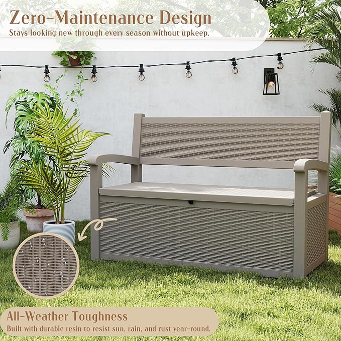 ROJIK 80 Gallon Resin Storage Bench Deck Box Outdoor with Armrests,Storage Furniture Waterproof Lockable for Porch Patio and Garden,Sturdy and Durable, Grey