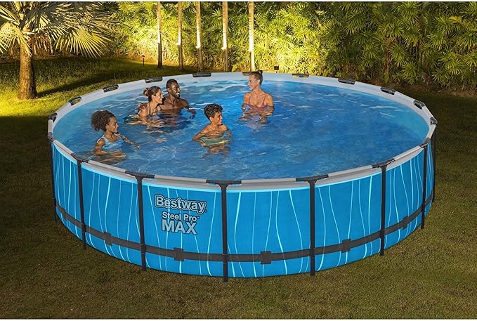 Bestway Steel Pro MAX 18 Foot x 48 Inches Metal Frame Above Ground Round Swimming Pool Set with LED Light, Remote Control, Ladder, and Pool Cover