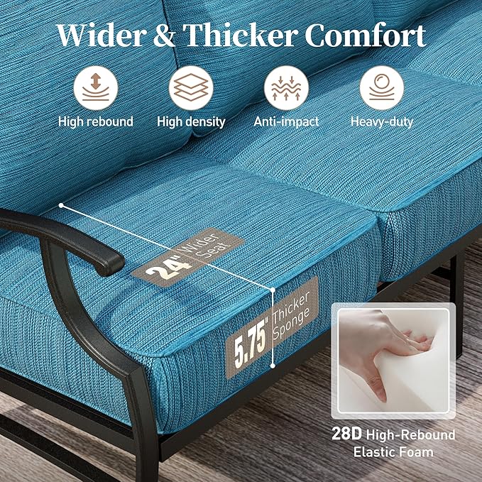 5 Piece Metal Outdoor Patio Furniture Set with Fire Pit Table, Patio Conversation Sets 4 Rocking Chairs with 5.75" Thick Cushion and 5000 BTU Fire Pit Table, Backyard Furniture, Blue-2