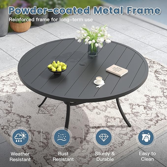 DIFY Patio Round Dining Table, 53" All Weather Round Outdoor Table with 1.57" Umbrella Hole for 8 Person, Perfect for Yard, Balcony and Lawn, Black Tabletop
