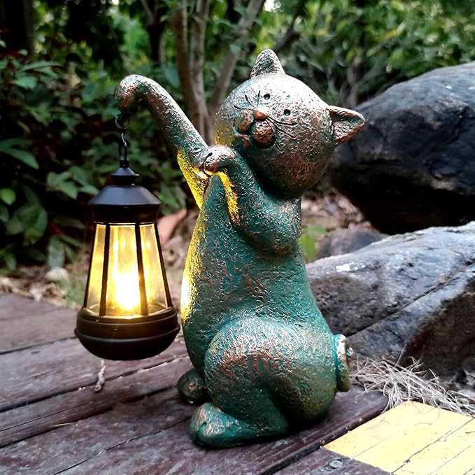 RCTTICUU Cat Garden Statue Outdoor Décor with Solar Lights Lantern,Cat Solar Light Figurines Outside Decorations for Yard，Lawn Patio, Balcony, Unique Housewarming Gifts