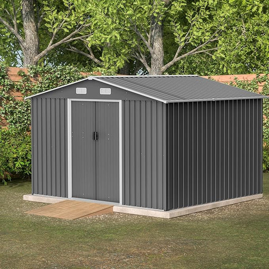 Favfurish Outdoor Storage Shed 10x8 FT with Lockable Sliding Doors,Metal Waterproof Tool Sheds W/Sloped Roof and Vent,for Backyard,Patio,Lawn,Grey