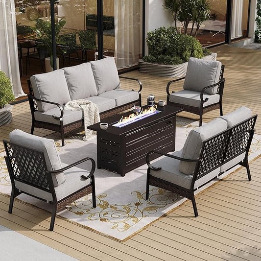 5 PCS Black Metal Outdoor Patio Furniture Sets with Firepit Table, Patio Conversation Sets 1 3-Seater Sofa, 1 2-Seater Sofa, 2 Single Sofa with 5.75" Cushion for Backyard, Light Gray