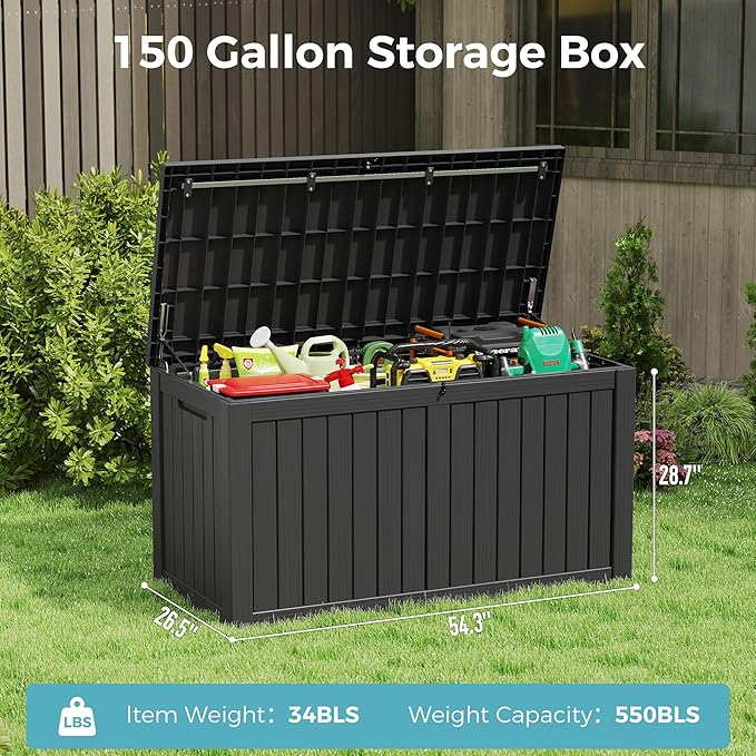 Outdoor Storage Box, Resin Deck Boxes Indoor and outdoor, Waterproof Storage Box Lockable Lid (Black,180 Gallon)