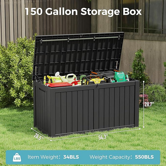 KAMABOKO Outdoor Storage Box, 150 Gallon Large Outdoor Resin Deck Box, Storage Waterproof Boxes Lockable Lid for Garden Tools, Pool Supplies, Patio Furniture and Cushions, Black