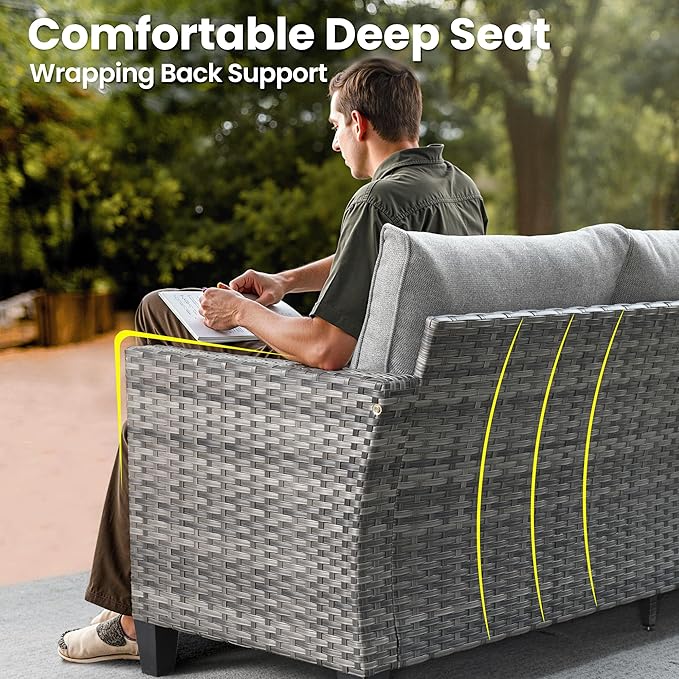 ovios 9 Pieces Patio Furniture Set, Outdoor Wicker Sofa Couch with Rocking Swivel Chairs Fire Pit Table, Modern Deep Seat Rattan Conversation Sets for Porch Deck, Dark Grey