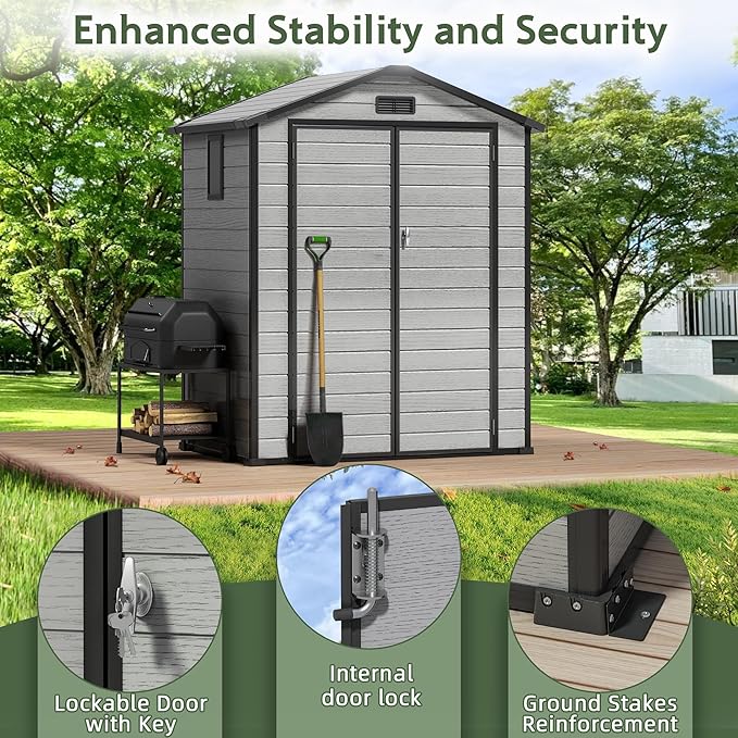 6×4FT Plastic Outdoor Storage Shed, Double Door Tool Shed with Transparent Roof and Vent, Lockable Door with Key, Storing Patio Furniture, Gardening Tools, and Bicycle Accessories