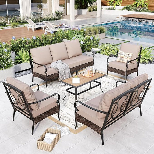 GREEN PARTY Extra Large Outdoor Patio Furniture Set 5 Pieces for 7, Modern Metal Patio Conversation Sets with High Back 3-Seat Sofa & Loveseat Sofa, 2 Fixed Chairs, 1 Coffee Table