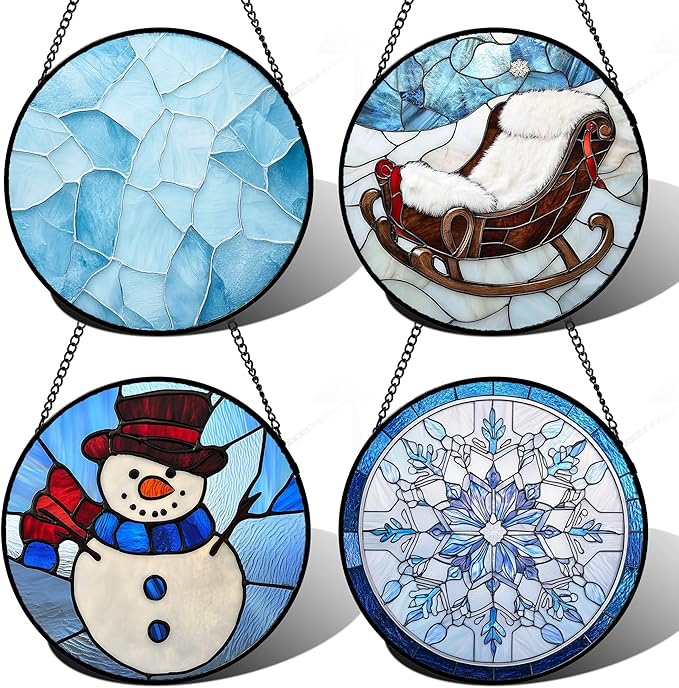 AMDERVEN Stained Glass Window Hanging 4 Pcs Set Blue White Christmas Snowman Snowflake Large 11.8" - Suncatcher Door Garden Sun Catcher Decor Birthday Mother's Day Xmas Gifts for Mom Woman Nana Men