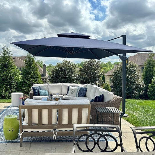 PURPLE LEAF 9' X 12' Cantilever Outdoor Umbrellas Large Patio Umbrella Hanging Double Top Rectangle Offset Umbrella with 360°Rotation Tilting Umbrella Outdoor Patio, Navy Blue