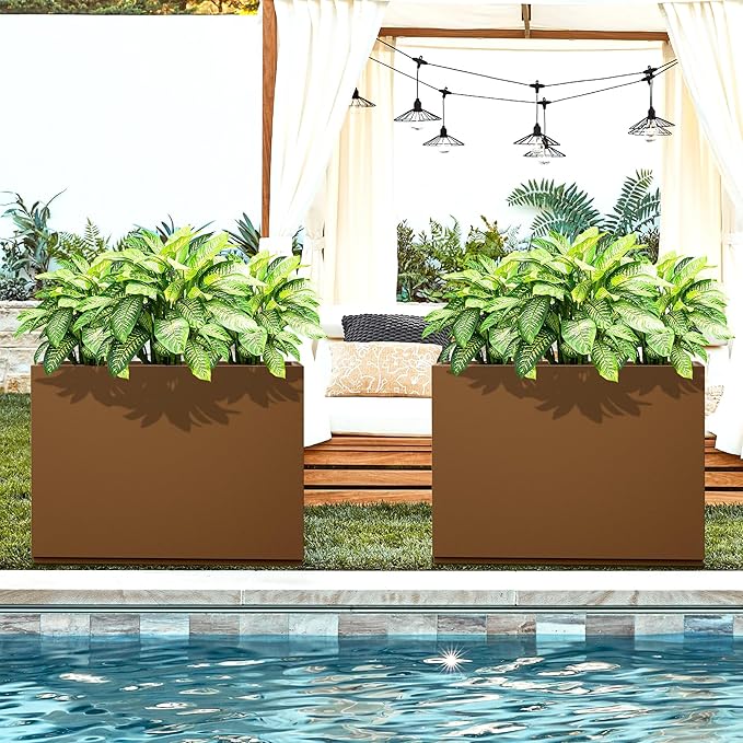 FENCY Metal Rectangular Planter Box for Outdoor - Large Planters with Drainage Holes (35.4" L x 9" W x 25.6" H, Brown)