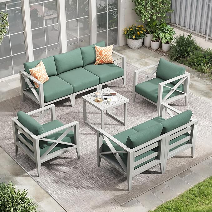 Aluminum Patio Furniture Set,7-Seats Patio Sectional Conversation Sofa with 6" All-Weather Cushions and Coffee Table,Outdoor Furniture Set for Deck, Porch, Garden (White)