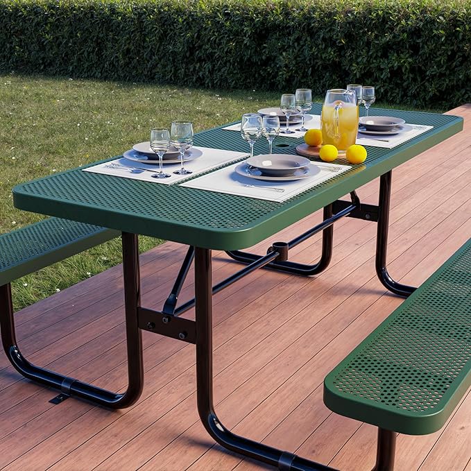 OUTTANS Commercial Heavy-Duty Metal Picnic Table - ADA Compliant, Adjustable Seats, Umbrella Hole (Green, 6' Rectangular, Punched Steel)