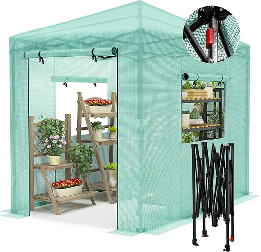 Devoko Walk-in Greenhouse, Instant Pop Up Green House for Outdoors with Zippered Door and 2 Roll-up Windows, PE Cover, Portable and Easy Assemble (Green, 8x6 Feet)