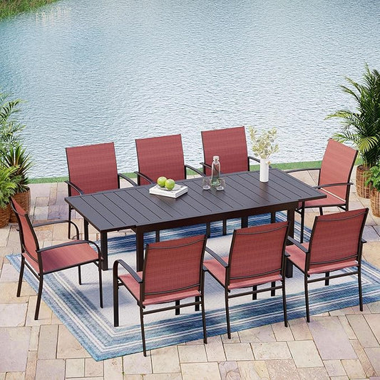 9 Pieces Patio Table and Chairs Set, Patio Dining Set for 8, 8 Textilene Chairs and 1 Expandable Patio Dining Table with Umbrella Hole, for Deck Backyard Lawn Poolside, Red