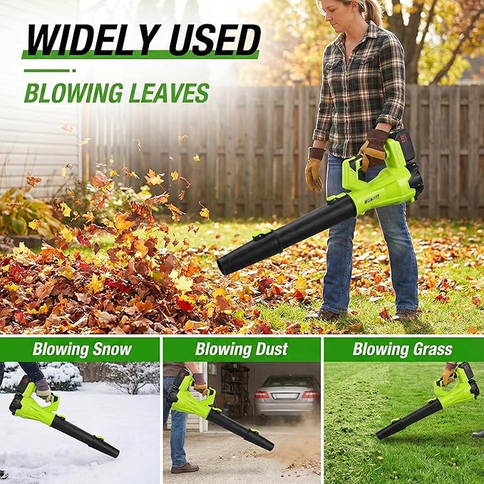 JH Steady 21V Cordless Leaf Blower - 3500W 350m/s, Stepless Variable Speed, Extended Nozzle, Rechargeable with Safety Gear (Green:1*Battery + Charger)