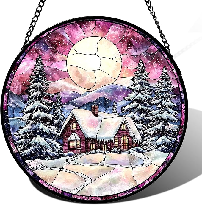 AMDERVEN Stained Glass Window Hanging - Winter Snow Scene Cabin Moon Sun Catcher for Door Garden Home Decor Pine Tree Suncatcher Christmas Mother's Day Birthday Gifts for Women Men Mom Nana 11.8 in