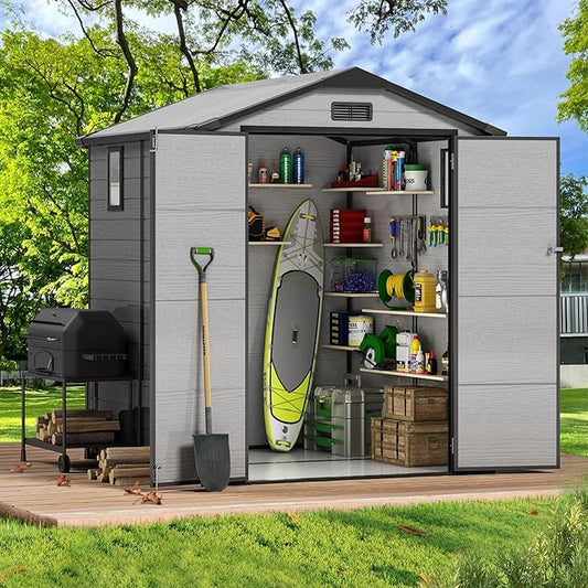 6×6FT Plastic Outdoor Storage Shed, Double Door Tool Shed with Transparent Roof and Vent, Lockable Door with Key, Storing Patio Furniture, Gardening Tools, and Bicycle Accessories.