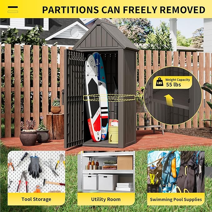 Fancyango Outdoor Resin Storage Shed, Upgrade Sturdy Storage Cabinet with Removable Shelves and Lock Ring, Reinforced Floor, All-Weather Construction for Garden Patio Lawn (Gray)
