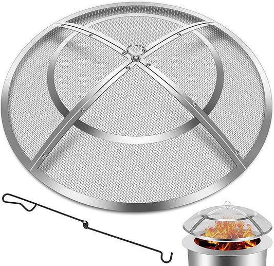 Fire Pit Spark Screen,27 Inch Fire Pit Screen Cover Stainless Steel Outdoor with Handle&Poker,Firepit Screens Cover Round Mesh Lid Heavy-Duty Steel Replacement for Backyard/Beach/RV Camping