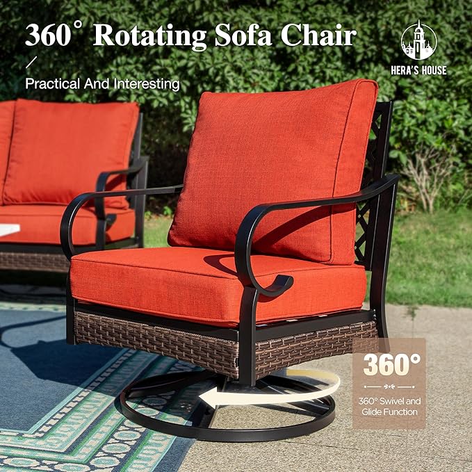 HERA'S HOUSE 6 Piece Metal Patio Furniture Set with 56" Fire Pit Table, All Weather Outdoor Conversation Set, 3 Seat Sofa, 2 Swivel Chairs, 2 Fixed Chairs, Seats 7 for Backyard, Garden, Deck, Red
