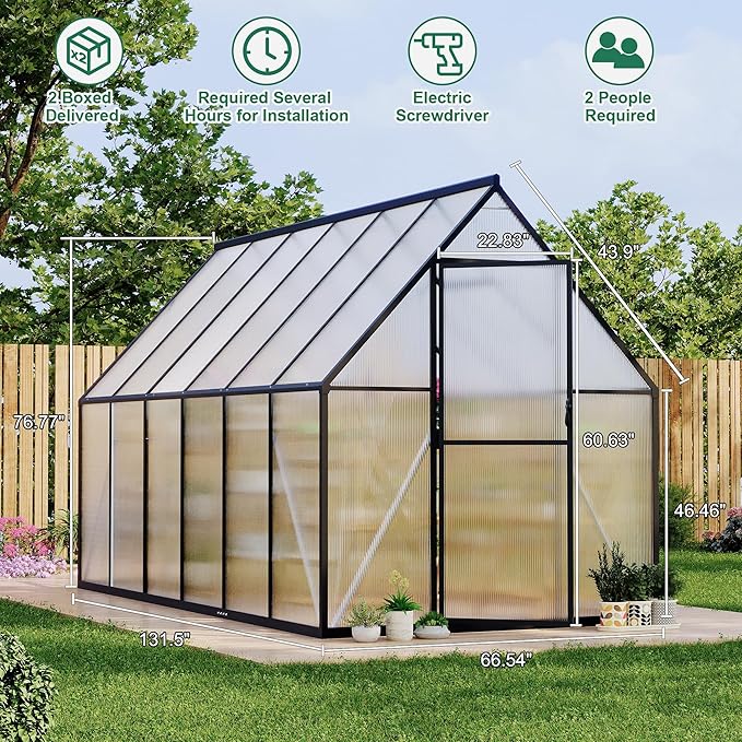 Polycarbonate Greenhouse for Outdoors, Large Walk-InGreenhouse with Quick Setup Structure and Roof Vent, Greenhouse with Ventilation