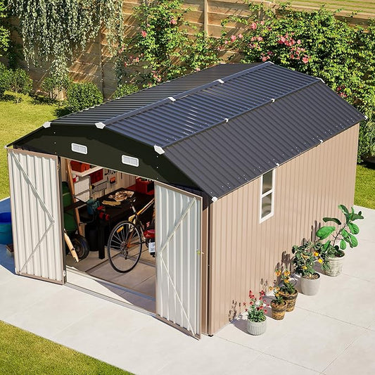 10×12 FT Outdoor Storage Shed,Heavy-Duty Metal Shed with Floor Base,All Weather Waterproof Tool Shed W/Diamond Roof & Windows,Lockable Double Door & 4 Air Vents,for Backyard,Patio,Lawn,Brown