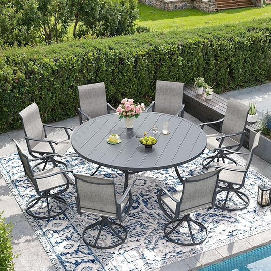 DIFY 60" Round Outdoor Patio Dining Table for 8-10, Metal Patio Table with 1.57" Adjustable Umbrella Hole, All-Weather Dining Furniture Table for Backyard Lawn Garden, Grey