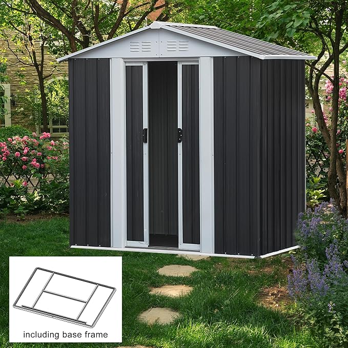 6x4 FT Outdoor Storage Shed with Base,Tool Shed with Sloped Roof and Lockable Door, Weather Resistant Metal Shed for Backyard Garden Patio Lawn,Grey