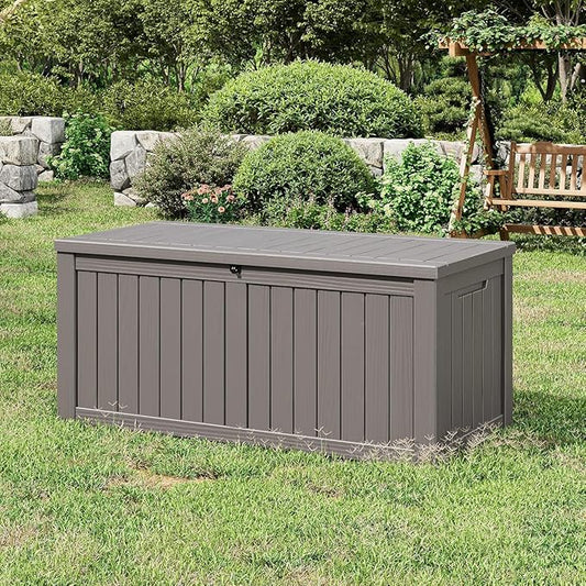 NUNU LAB 120 Gallon Outdoor Storage Box,Resin Large Sturdy Deck Box, Backyard Outside Storage Box Waterproof with Double Wall Panels,Package Delivery Garden Outdoor Hose