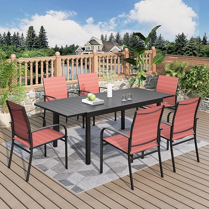 7 Pieces Patio Table and Chairs Set, Patio Dining Set for 6, 6 Textilene Chairs and 1 Expandable Rectangle Table with Umbrella Hole, for Deck Backyard Lawn Poolside, Red