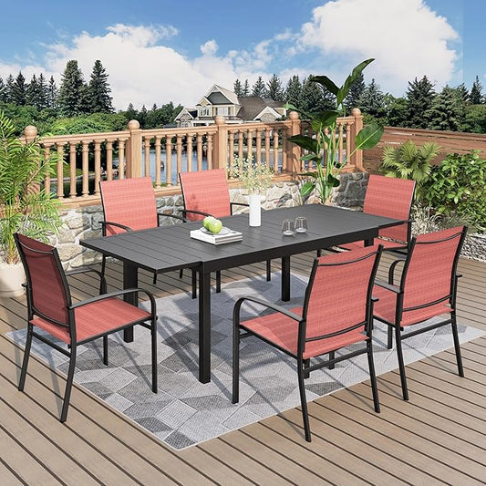 7 Pieces Patio Table and Chairs Set, Patio Dining Set for 6, 6 Textilene Chairs and 1 Expandable Rectangle Table with Umbrella Hole, for Deck Backyard Lawn Poolside, Red