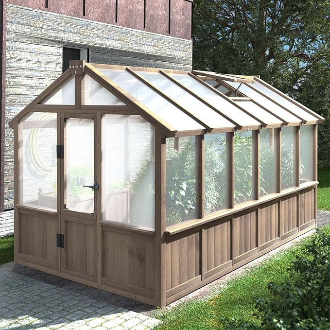 Mupater 6'x12' Wooden Polycarbonate Greenhouse,Outdoor with Ventilated Window and Lockable Door, Walk-in Greenhouse for Backyard, Patio, Lawn, Brown