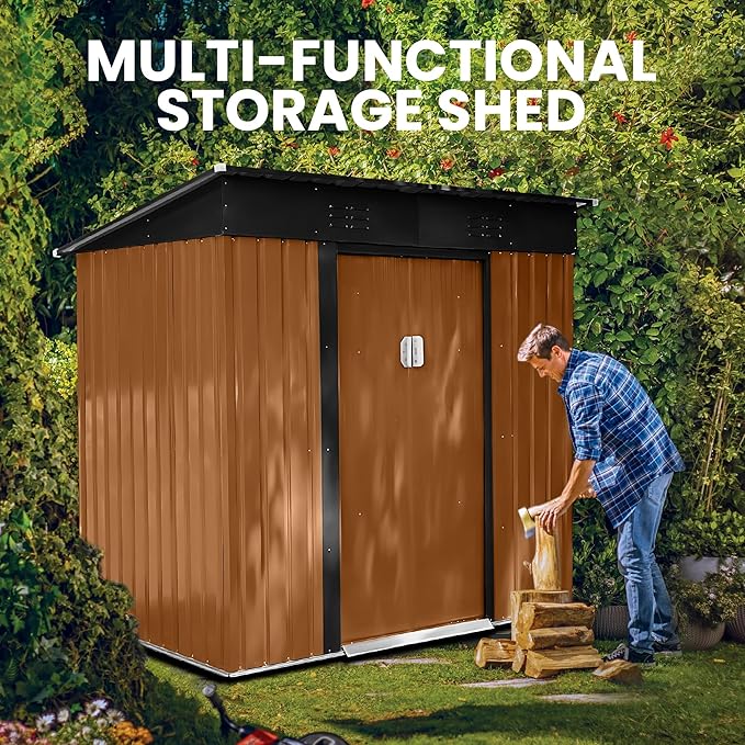 6x4 FT Outdoor Storage Shed Garden Shed Tool Shed with Lockable Door and Sloping Roof, Durable Metal Storage Shed for Backyard, Outside, Patio, Coffee