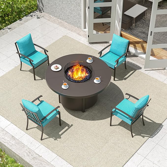 5 Pieces Patio Furniture Set with Round Fire Pit Table, Outdoor Conversation Sets 4 Chairs with Upgrade Cushions for Patio, Backyard Blue