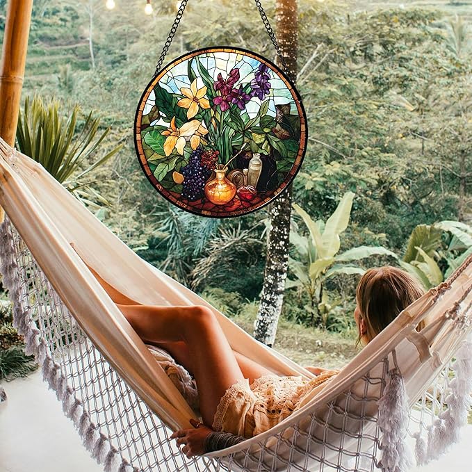 QZQCBLC Stained Glass Window Hanging Berry Plant Purple Yellow Flowers in Vase 6.3" - Suncatcher Door Garden Sun Catcher Home Decor Birthday Christmas for Mom Men Woman Nana