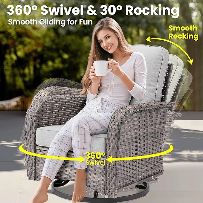 ovios 10 Pieces Patio Furniture Set, Outdoor Wicker Sofa Couch with Rocking Swivel Chairs Solar Lights Table Fire Pit, Modern Deep Seat Rattan Conversation Sets, Grey