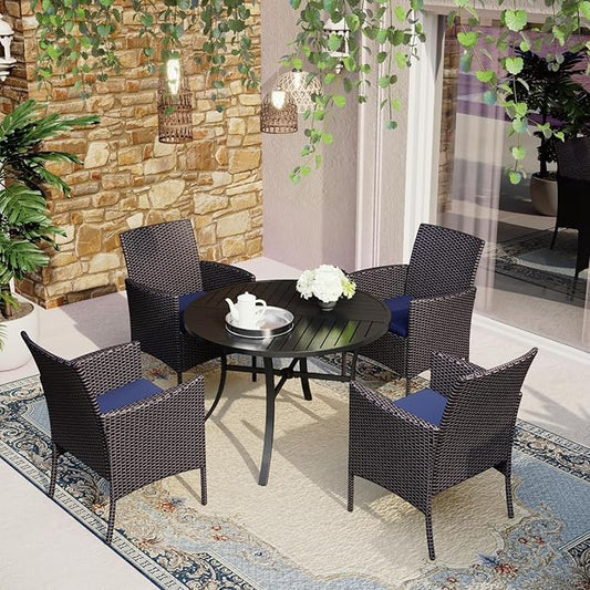 MFSTUDIO 5 Pieces Patio Dining Set, Patio Table and Chairs for 4, Outdoor 42" Round Table with Wicker Chairs, Patio Dininig Furniture Set Wicker, Backyard, Porch