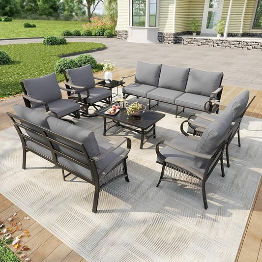 8 Pieces Patio Conversation Sets, All Weather Metal Outdoor Furniture Set Includes 3-Seater 2 Swivel Rockers with Side Table and Loveseat with Coffee Table 2 Single Chairs for Backyard Poolside, Gray