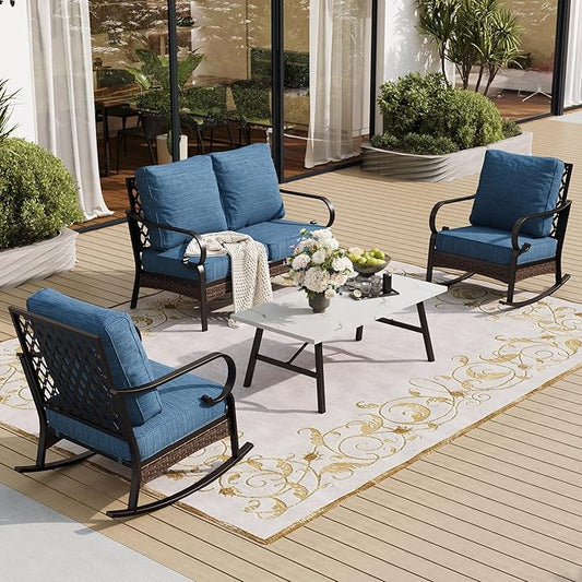 4 Piece Metal Outdoor Patio Furniture Sets, Patio Conversation Sets 1 Loveseat, 2 Rocking Sofa with 5.75" Extra Thick Cushion and Coffee Table, Balck Frame Backyard Furniture, Blue-2