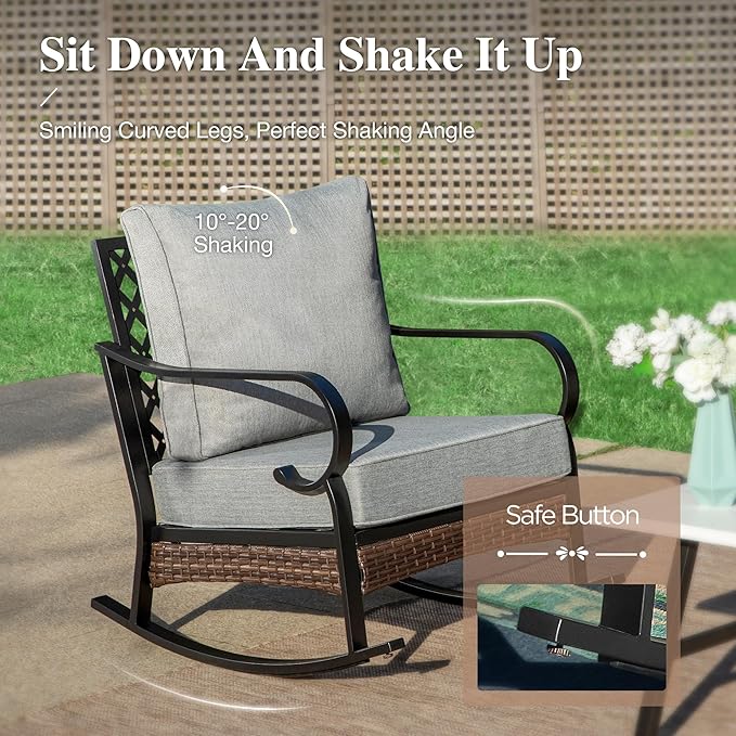 HERA'S HOUSE 6 Piece Metal Patio Furniture Set with 56" Fire Pit Table, All Weather Outdoor Conversation Set, 3 Seat Sofa, 2 Rocking Chairs, 2 Fixed Chairs, Seats 7 for Backyard, Garden, Deck, Grey