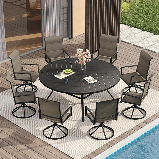 VICLLAX Round Patio Table with Adjustable Umbrella Hole for 8, All Weather Metal Outdoor Dining Table for Lawn Garden, 59.8" Outdoor Coffee Table, Black Tabletop