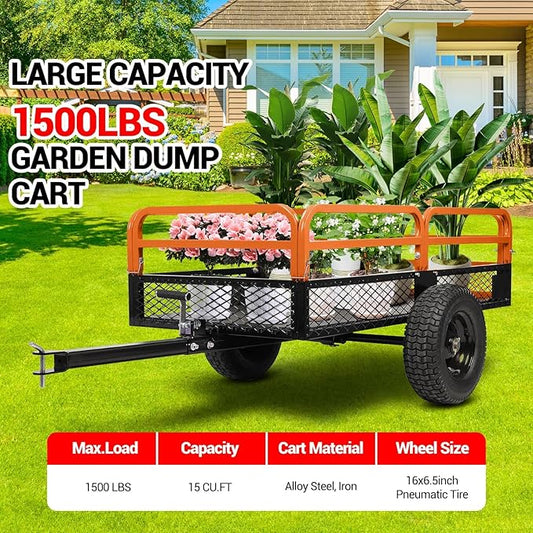 Heavy Duty ATV Trailer Steel Dump Cart, 1600 Lbs 15 Cubic Feet Garden Trailer Pull Behind with Removable Sides & All Terrain Tires for Lawn Mower, ATV & Yard Work