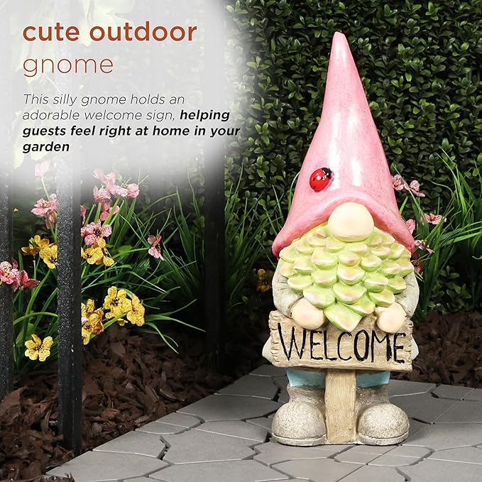 Alpine Corporation 19" Tall Outdoor Red Hat Holding “Welcome” Sign Gnome Statue, Stylish Weatherproof Garden Decor