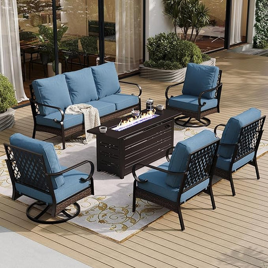 6 Piece Black Metal Outdoor Patio Furniture Sets with Firepit Table, Patio Conversation Sets 1 3-Seater Sofa, 2 Leg Sofa and 2 Swivel Sofa with 5.75" Cushion for Backyard Deck, Navy