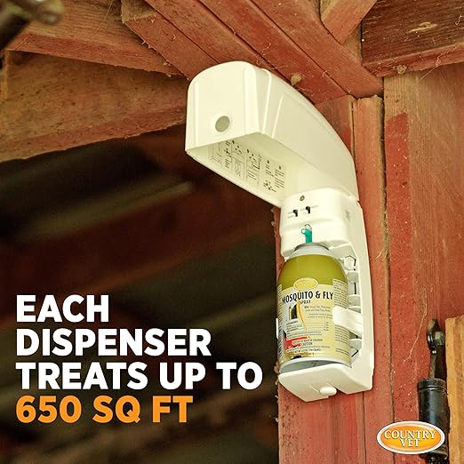 Country Vet Mosquito+Fly Metered Spray Refill (Case of 12) & Automatic Metered Dispenser (Case of 12) - 342033CVA - Great for Barns, Stables, Farms, Stalls and Outdoor Insect/Fly Prevention