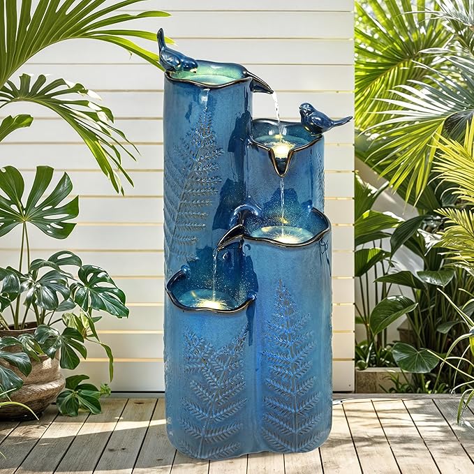 Autodaya Outdoor Water Fountain with Lights, 32" Ceramic Vase Fountain with 4-Tier Waterfall and Bird Decor, Tall Garden Waterfall with Turquoise Glaze & Tropical Fern for Patio, Yard, Balcony, Porch