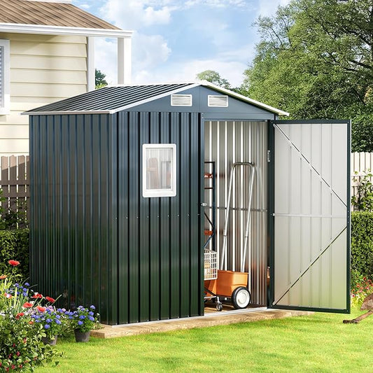 Breezz 6x4FT Metal Storage Shed with Floor Frame & Lockable Doors, Outdoor Steel Garden Shed with Clear Window, Weatherproof Tool Storage for Patio, Yard, and Backyard, Nightblue